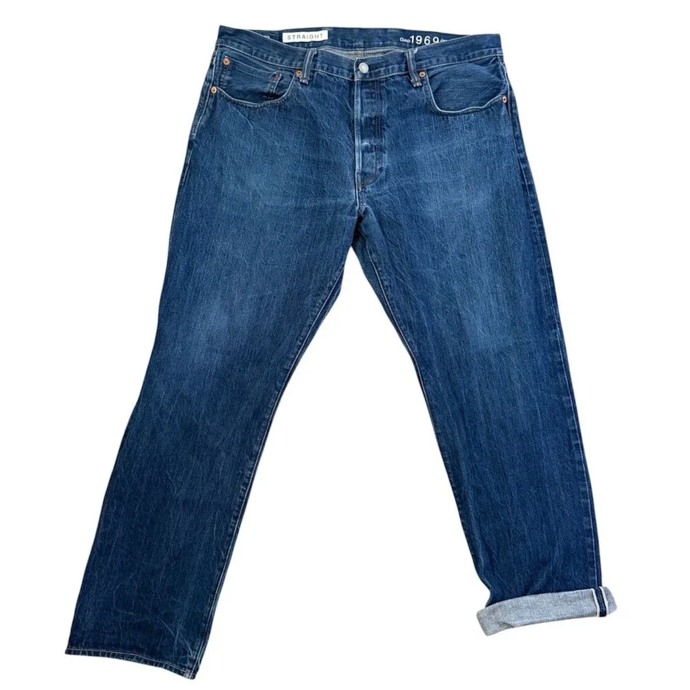 Gap 1969 Straight Fit Japanese Selvedge Dark Wash Jeans Button Fly Mens Sz 38x32